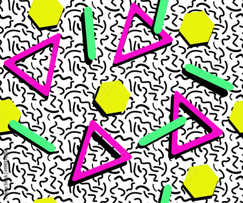 COLORED MEMPHIS STYLE SEAMLESS PATTERN. GEOMETRIC ELEMENTS 80S AND 90S DESIGN TEXTURE ON WHITE BACKGROUND.