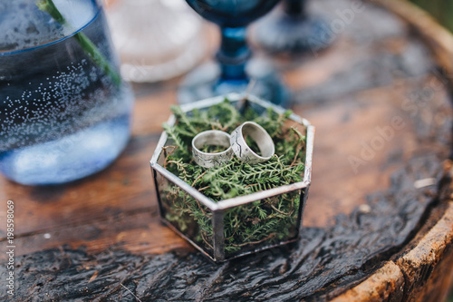 wedding rings lie on greenery in glass box, which stands on old wooden table