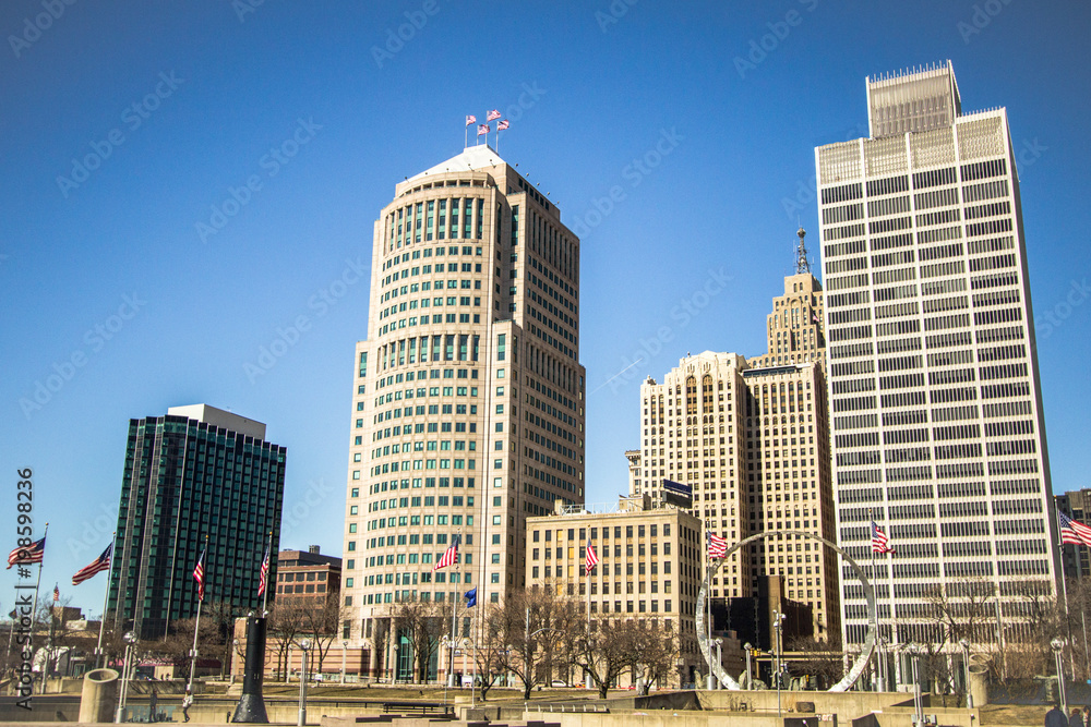 Detroit Michigan Skyline. Cityscape of downtown Detroit, Michigan with Hart Plaza in the foreground. Detroit is the largest city in Michigan and is also known as the Motor City. Detroit Michigan Skyline. Cityscape of downtown Detroit, Michigan with Hart Plaza in the foreground. Detroit is the largest city in Michigan and is also known as the Motor City.