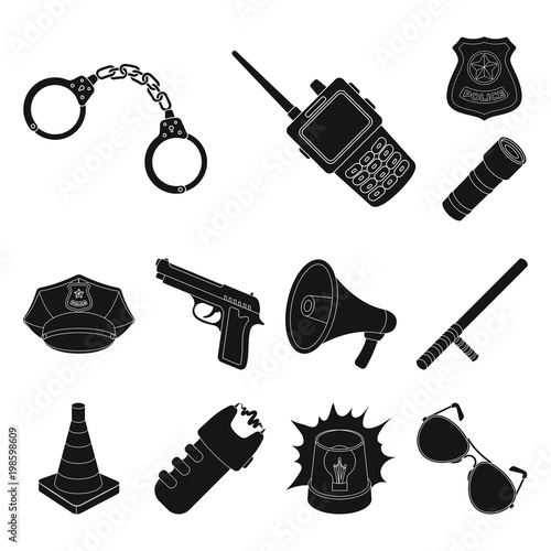 Police, Department black icons in set collection for design.Detective and accessories vector symbol stock web illustration.