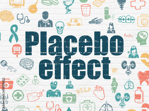 Healthcare concept: Painted blue text Placebo Effect on White Brick wall background with  Hand Drawn Medicine Icons