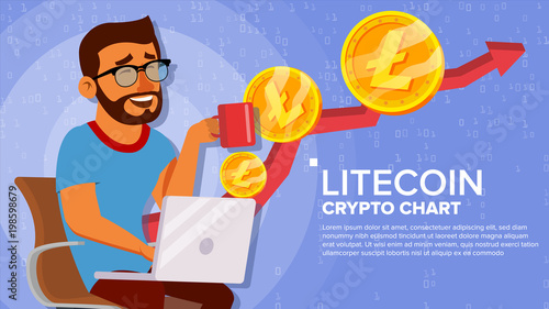 Litecoin Up Trend, Growth Concept Vector. Trade Chart. Virtual Money Happy Man Investor. Crypto Currency Market Concept. Flat Cartoon Illustration