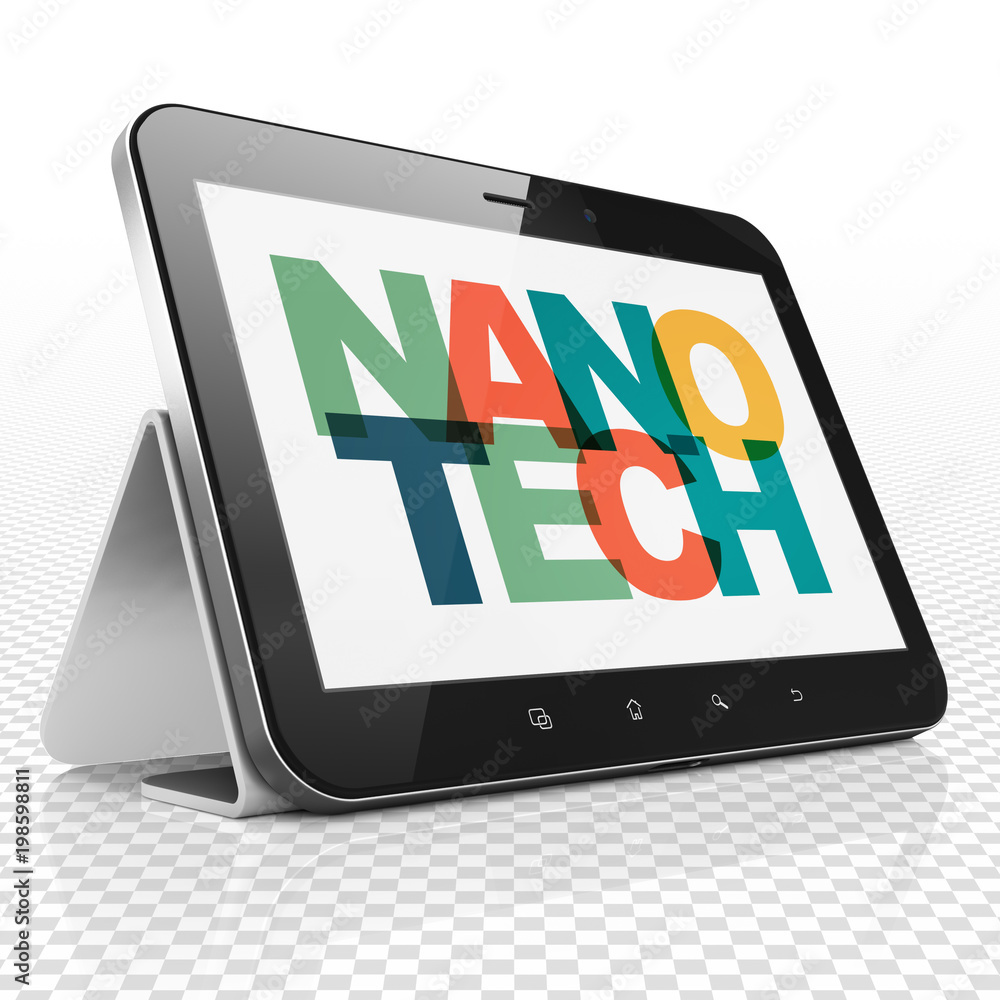 Science concept: Tablet Computer with Painted multicolor text Nanotech on display, 3D rendering Science concept: Tablet Computer with Painted multicolor text Nanotech on display, 3D rendering