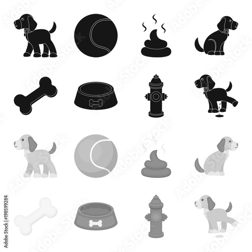 A bone, a fire hydrant, a bowl of food, a pissing dog.Dog set collection icons in black,monochrome style vector symbol stock illustration web.