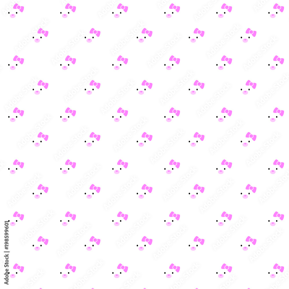 Pattern of an illustration of a kawaii white polar bear cub just wearing a cute pink bow over a white background.