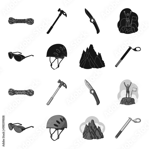 Helmet, goggles, wedge safety, peaks in the clouds.Mountaineering set collection icons in black,monochrome style vector symbol stock illustration web.