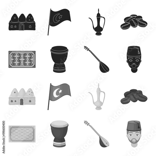 Turkish carpet, saz, drum, turkish men.Turkey set collection icons in black,monochrome style vector symbol stock illustration web.