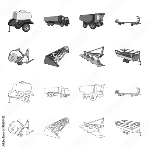 Plow, combine thresher, trailer and other agricultural devices. Agricultural machinery set collection icons in outline,monochrome style vector symbol stock illustration web.