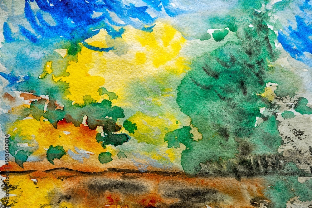 Watercolor landscape original painting colorful of green trees with sun and clouds in daytime in beauty nature summer season. Painted impressionist, illustration image