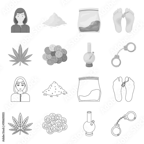 Hemp leaf, ecstasy pill, handcuffs, bong.Drug set collection icons in outline,monochrome style vector symbol stock illustration web.