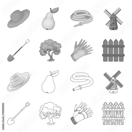 A shovel with a handle, a tree in the garden, gloves for working on a farm, a wooden fence. Farm and gardening set collection icons in outline,monochrome style vector symbol stock illustration web.