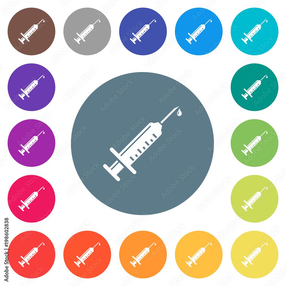 Syringe with drop flat white icons on round color backgrounds Syringe with drop flat white icons on round color backgrounds