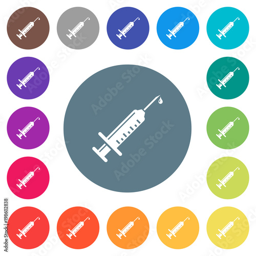 Syringe with drop flat white icons on round color backgrounds