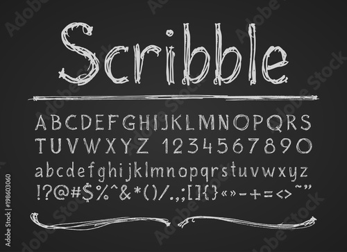 Hand drawn chalk letters numbers and symbols. Alphabet on a chalkboard