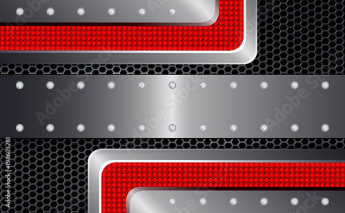 Geometric design with metal grille and red relief corners and screws.