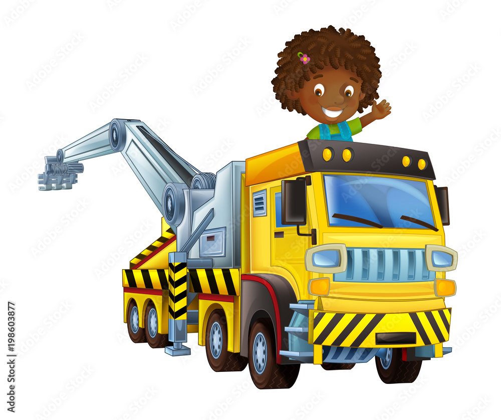 cartoon scne with happy and funny child - girl in tow truck on white background - illustration for children
