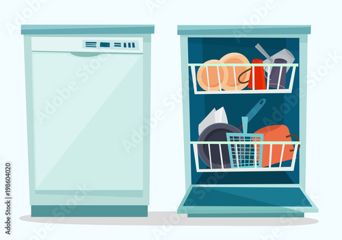 Close and open dishwasher with dishes.