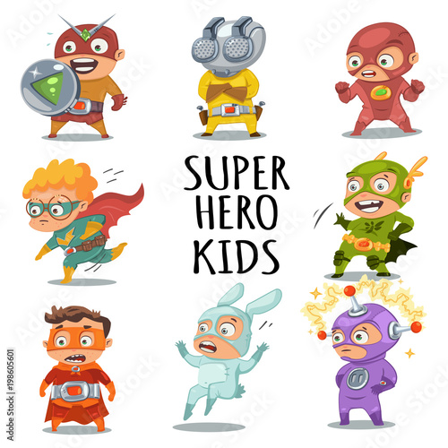 Cute superhero kids in colorful costumes. Big set of vector cartoon characters isolated on white background.