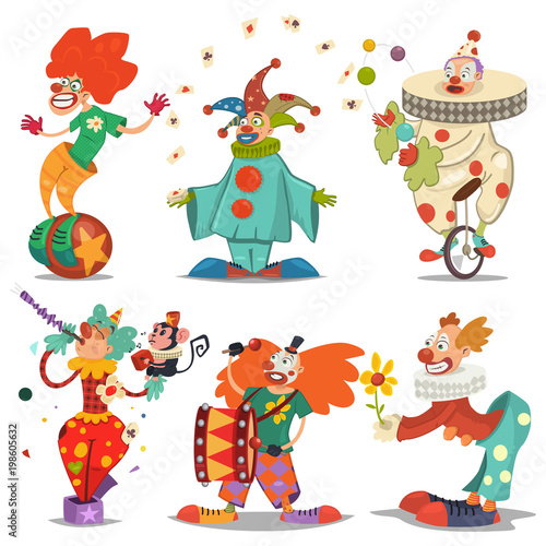 Circus clown character in different actions: juggling, riding unicycle, with flower in hands, with monkey, etc. Vector cartoon icons set isolated on a white background.