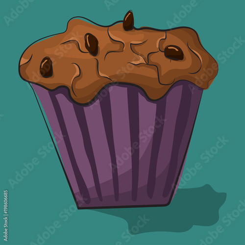 Chocolate muffin isolated on background. Traditional breakfast. Vector cartoon food icon.