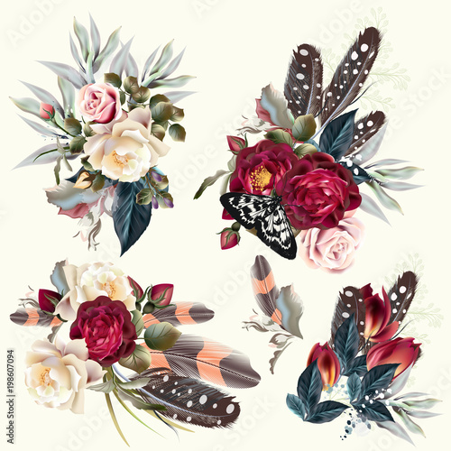 Boho fashion collection of vector flowers with feathers