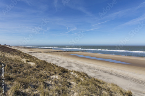 Fototapeta Naklejka Na Ścianę i Meble -  Awesome Beach Panorama from Domburg Grass Dunes / Netherlands