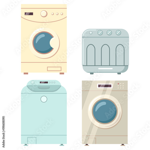 Washing machines with dryer vector cartoon flat icons set isolated on a white background.