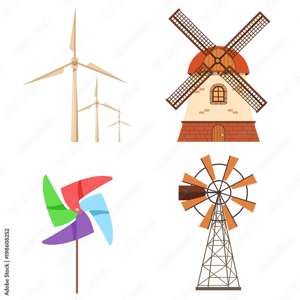 Farm windmill, electric wind turbine, paper pinwheel vector set.  Alternative ecology energy flat cartoon icons collection isolated on a  white background. Stock Vector | Adobe Stock