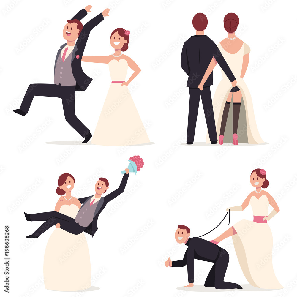 Funny wedding cake toppers. Figures of the bride and groom in cheerful poses. Vector cartoon flat newlyweds couple character isolated on white background. Stock Vector | Adobe Stock Funny wedding cake toppers. Figures of the bride and groom in cheerful poses. Vector cartoon flat newlyweds couple character isolated on white background. Stock Vector | Adobe Stock