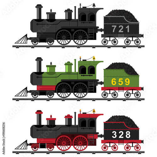 Old steam engine train vector flat set. Cartoon illustration of a railway locomotive with coal on rails isolated on a white background.