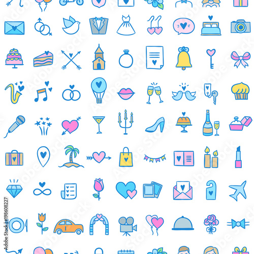 Wedding pattern with cute hand drawn celebration icons. Wedding design background with love illustrations