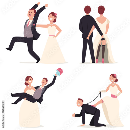 Funny wedding cake toppers. Figures of the bride and groom in cheerful  poses. Vector cartoon flat newlyweds couple character isolated on white  background. Stock Vector | Adobe Stock