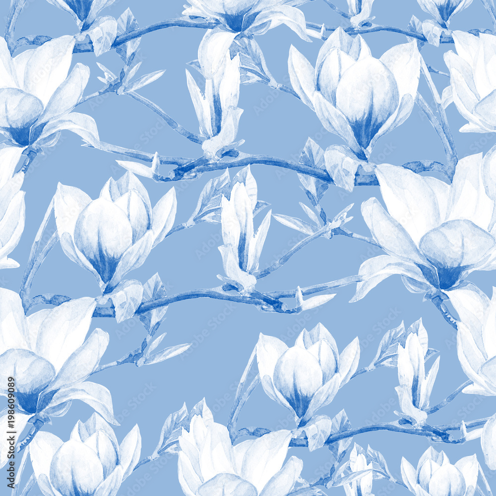 Watercolor seamless pattern with Magnolia flower.