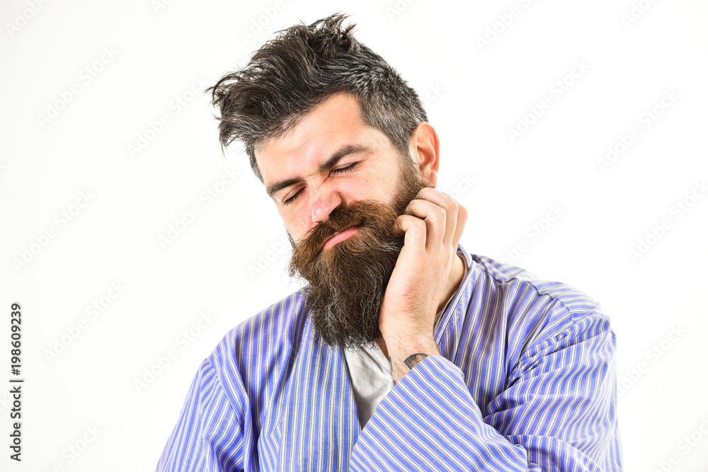Man with itchy face wake up, scratching beard with hand. Man with itchy face wake up, scratching beard with hand.