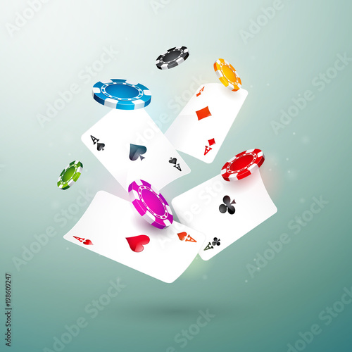 Realistic falling casino chips and poker cards illustration on clean background. Vector gambling concept design.