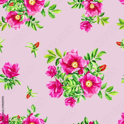 Watercolour repeating pattern of flowers of wild rose.