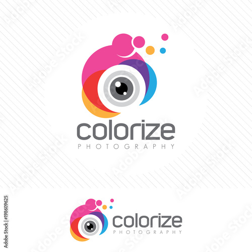 Colorful photography logo with Modern style of camera lens .