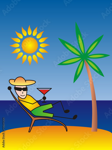 A man on the beach in a chaise longue. Coast of the sea, palm tree and sun. Cartoon picture 