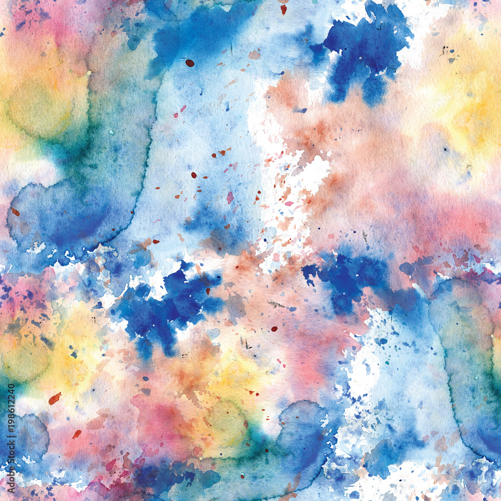 Seamless pattern of yellow, rose, blue watercolor stains on a white background.
