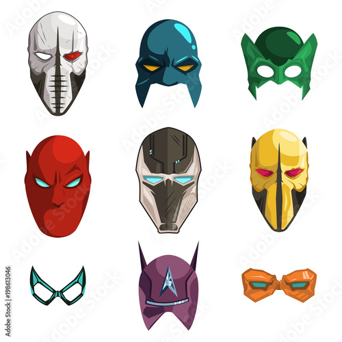 Superhero mask on face and eyes vector cartoon comics set isolated on white background. Illustration in the flat style of different helmets for heroes and villains.