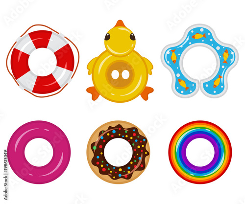 Inflatable float rubber ring for children and adults, for swimming pools, the sea, oceans, rivers, lakes. Life buoy icon top view. Vector set different elements for your design isolated on background.