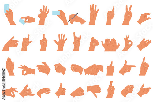 Hands set with different gestures, showing emotions with your fingers and holding a card and pen. Vector cartoon flat arm icon isolated on white background.