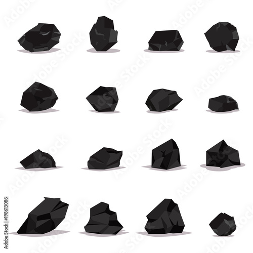 Coal vector cartoon set of flat icons isolated on white background. Illustration of black rock stones, graphite and charcoal.
