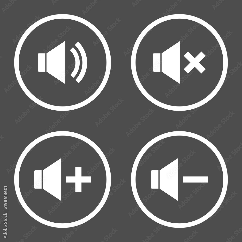 Sound volume control buttons. Mute, unmute, quieter, louder icons in circle. Vector. Sound volume control buttons. Mute, unmute, quieter, louder icons in circle. Vector.