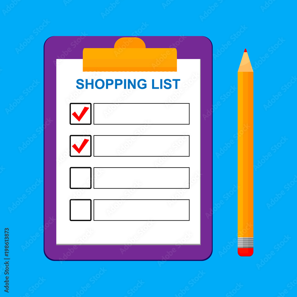 Clipboard with shopping list and pen. Template for product purchase. Blank with mark. Vector illustration. Isolated on background. Inventory check. Clipboard with shopping list and pen. Template for product purchase. Blank with mark. Vector illustration. Isolated on background. Inventory check.