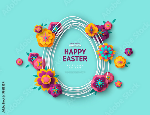 Egg shape frame and flowers on blue