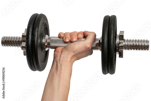 hand holding black metal Dumbbell isolated on white background
