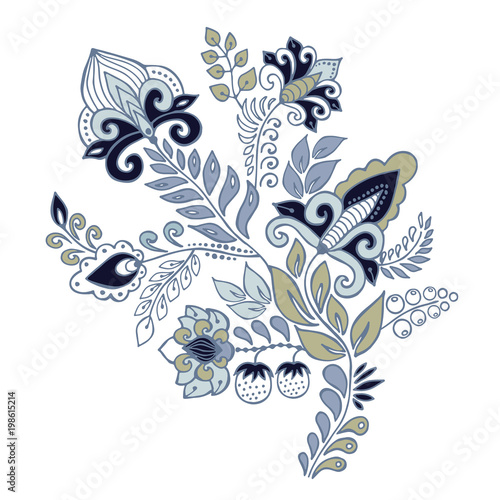 stock vector abstract  flowers and waves, doodle floral bouquet. oriental or arabic, russia textile design. template for card. banner. botanic set