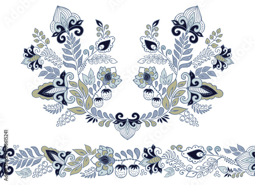 stock vector flowers and leaf ornament. oriental or russian pattern.necklace embroidery design