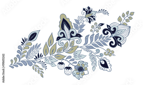 stock vector abstract  flowers and waves, doodle floral bouquet. oriental or arabic, russia textile design. template for card. banner. botanic set